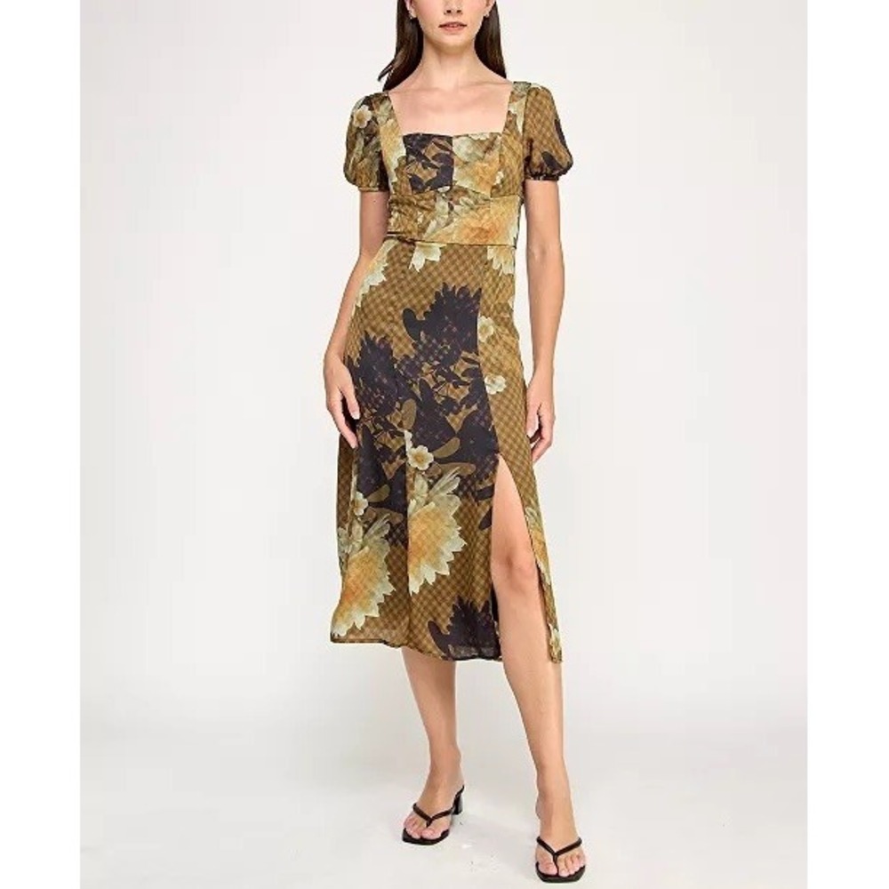 BCX Dress Midi Women Brown Floral Gingham Puff Sleeve Slit Large